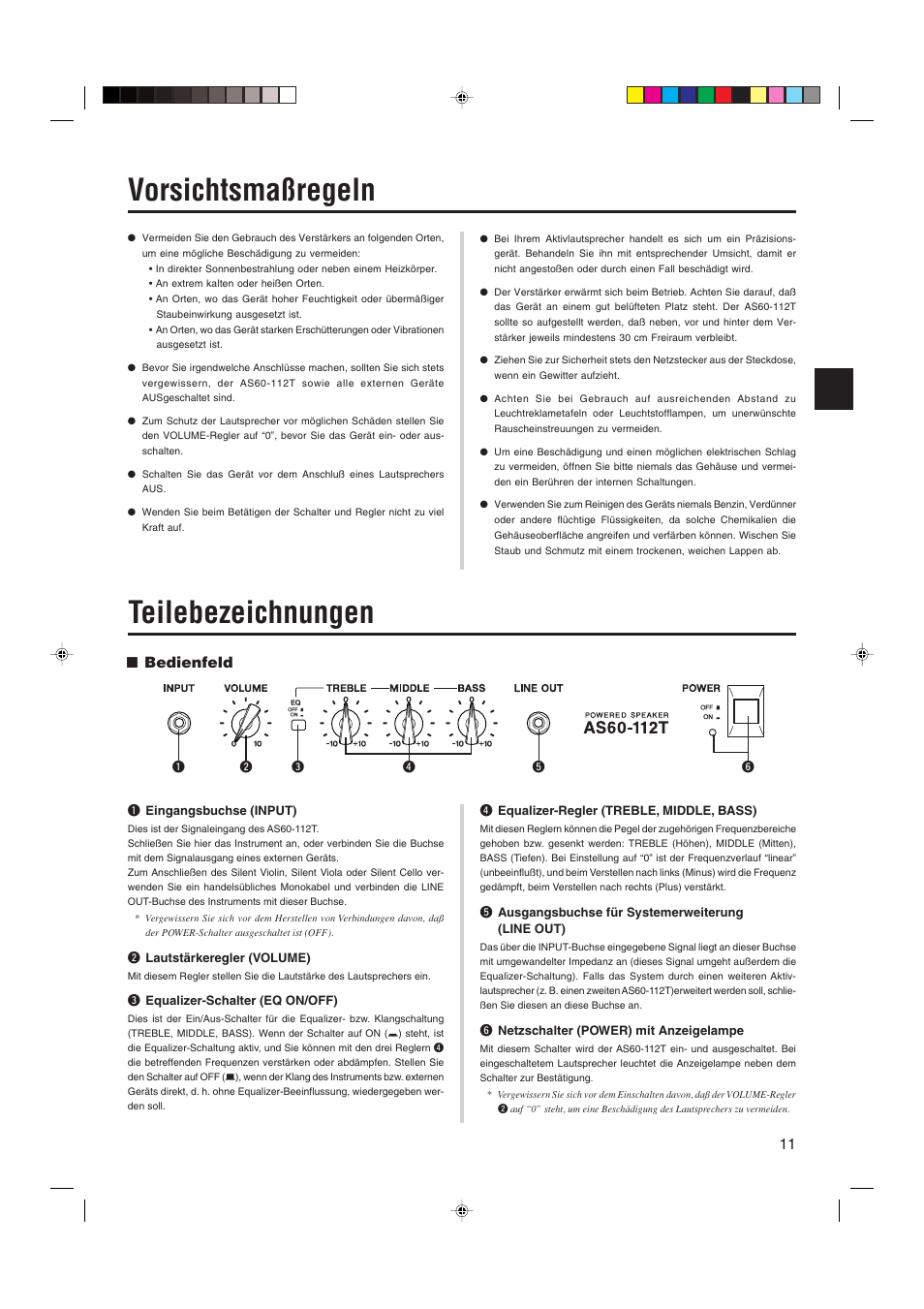 Vorsichtsmaßregeln, Teilebezeichnungen, Bedienfeld | Yamaha AS60-112T User Manual | Page 11 / 22