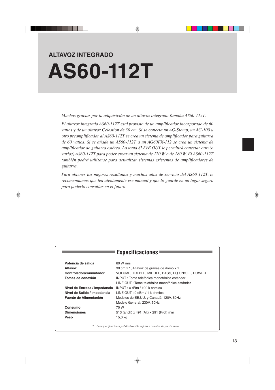 Manual del usuario, Especificaciones, Altavoz integrado | Yamaha AS60-112T User Manual | Page 13 / 22