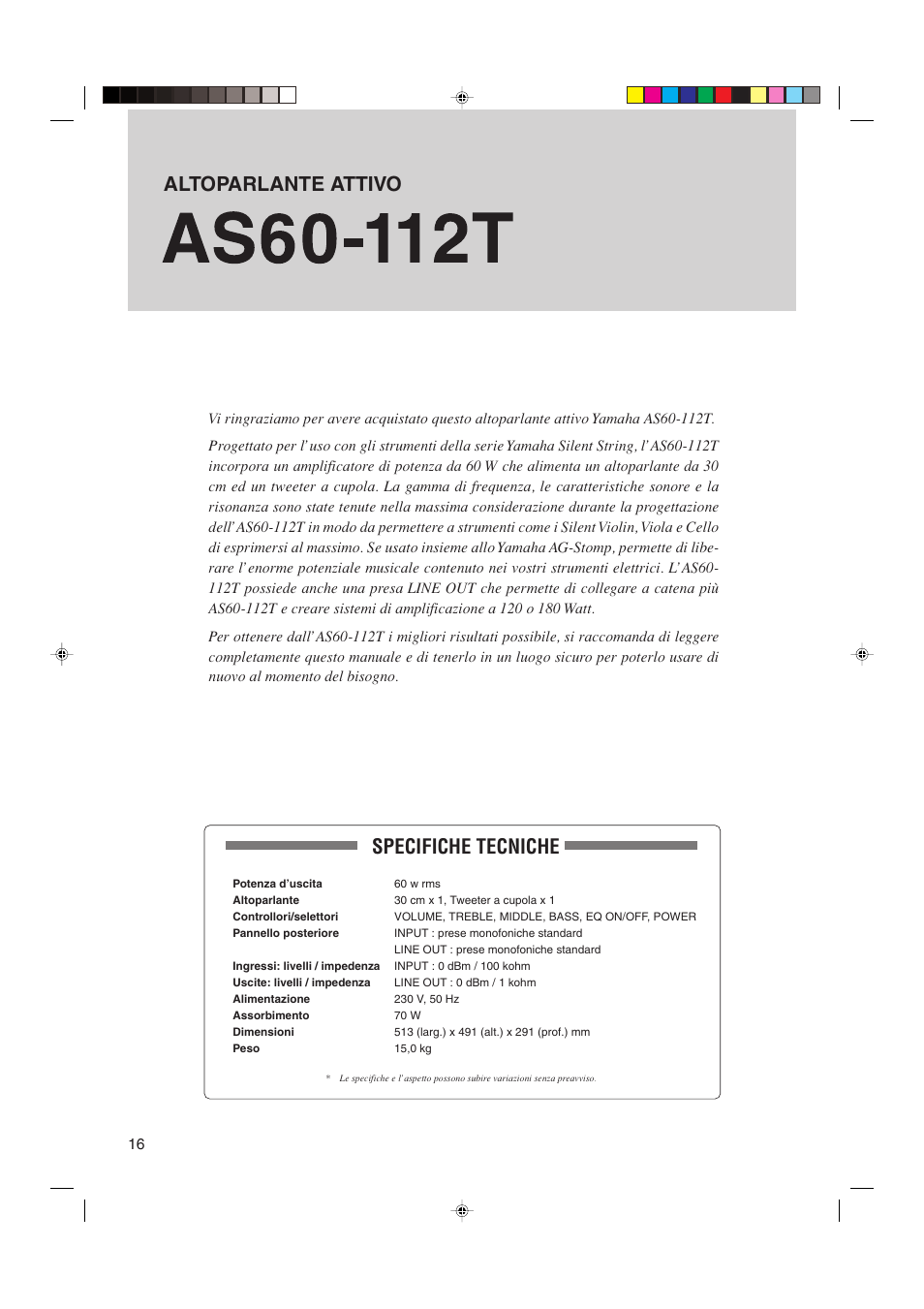 Manuale di istruzioni, Specifiche tecniche, Altoparlante attivo | Yamaha AS60-112T User Manual | Page 16 / 22
