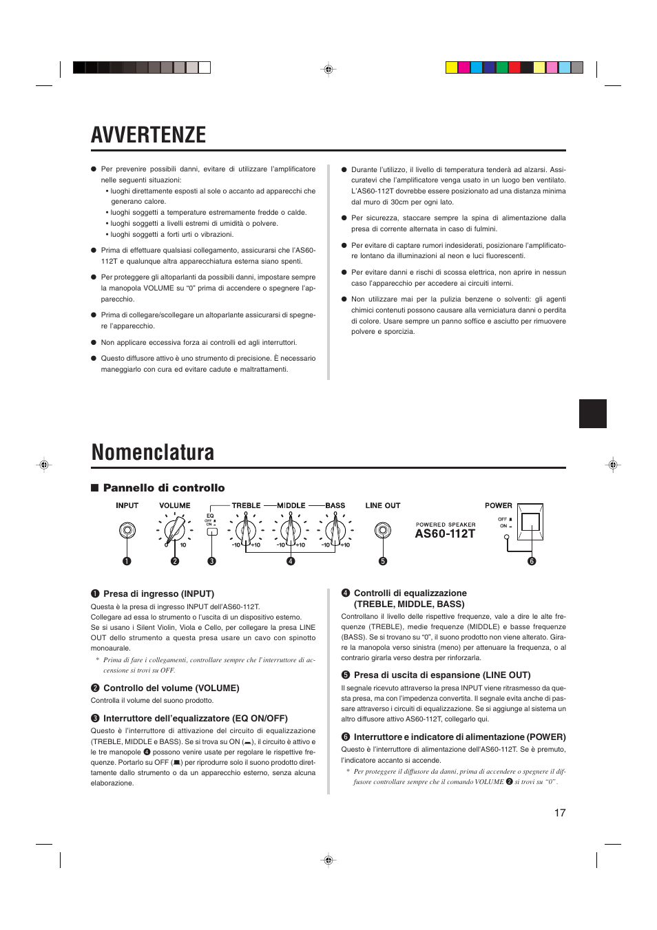 Avvertenze, Nomenclatura, Pannello di controllo | Yamaha AS60-112T User Manual | Page 17 / 22