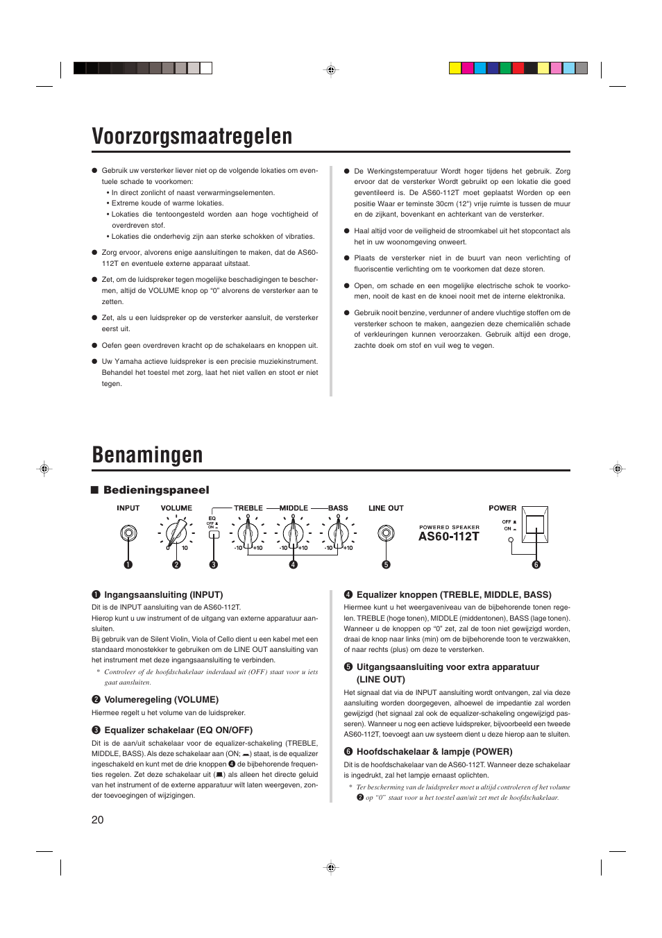 Voorzorgsmaatregelen, Benamingen, Bedieningspaneel | Yamaha AS60-112T User Manual | Page 20 / 22