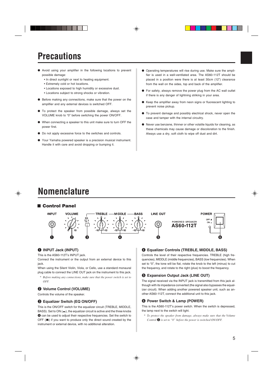 Precautions, Nomenclature, Control panel | Yamaha AS60-112T User Manual | Page 5 / 22