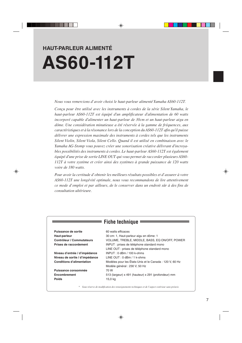 Mode d'emploi, Fiche technique, Mode d’emploi | Haut-parleur alimenté | Yamaha AS60-112T User Manual | Page 7 / 22