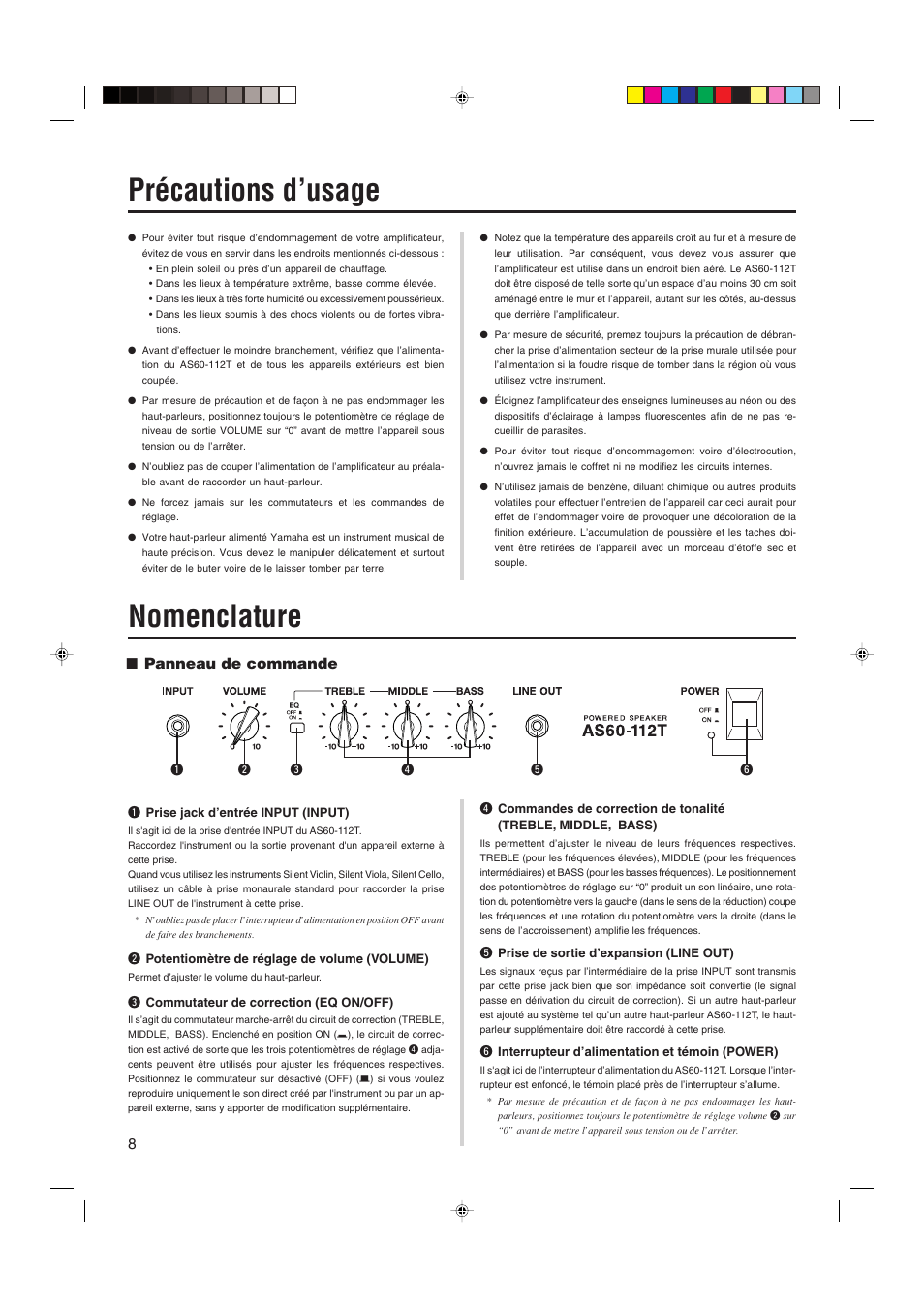 Précautions d’usage, Nomenclature, Panneau de commande | Yamaha AS60-112T User Manual | Page 8 / 22