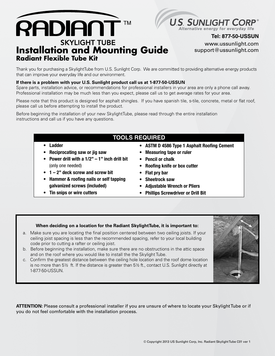 U.S. Sunlight Radiant Skylight Tube User Manual | 6 pages