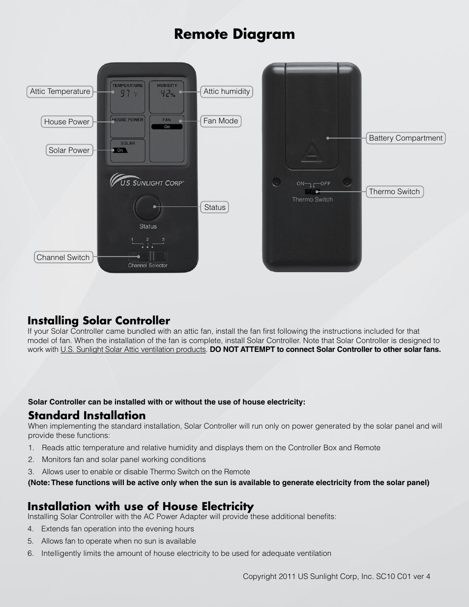 Remote diagram, Installing solar controller, Installation with use of house electricity | Standard installation | U.S. Sunlight SC12 Solar Controller User Manual | Page 2 / 8
