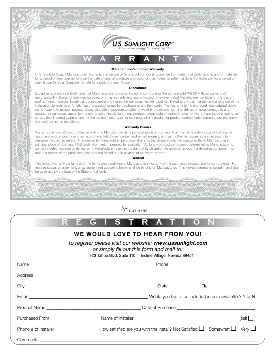 We would love to hear from you | U.S. Sunlight SC12 Solar Controller User Manual | Page 8 / 8