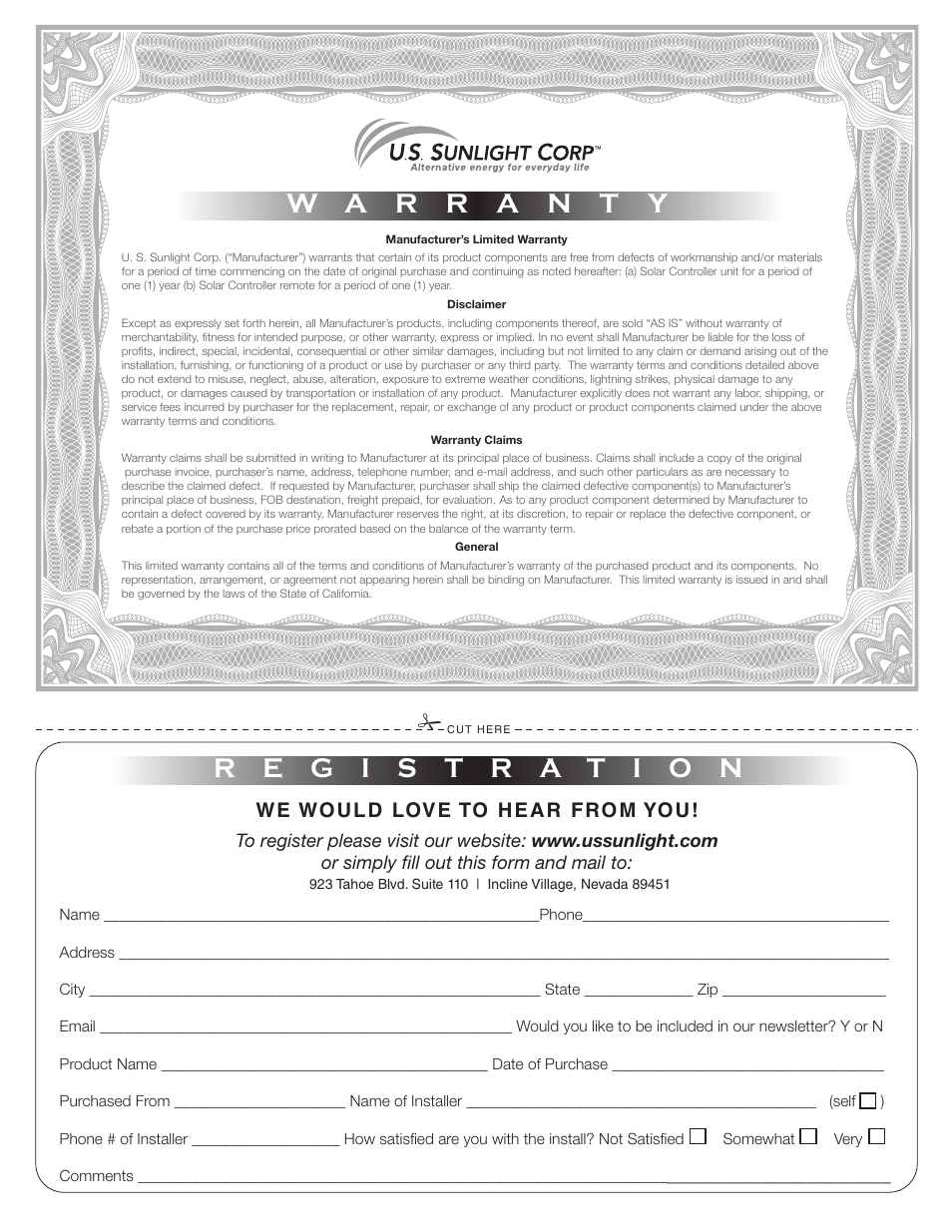 We would love to hear from you | U.S. Sunlight SC5-M Solar Controller Module User Manual | Page 4 / 4