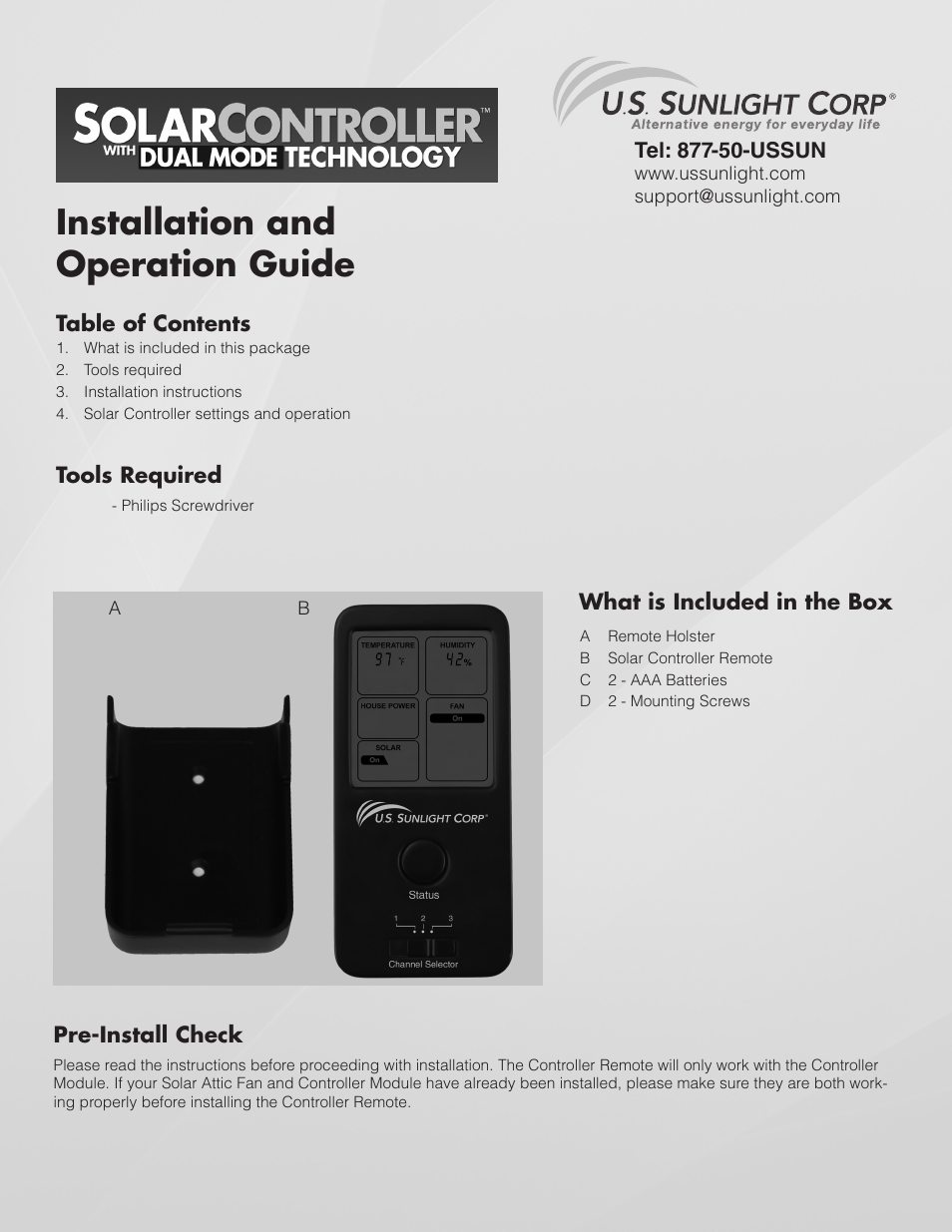 U.S. Sunlight SC5-R Solar Controller Remote User Manual | 6 pages