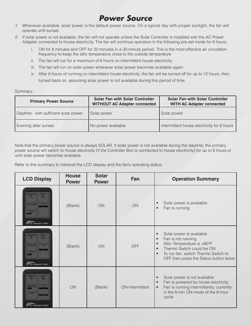 Power source | U.S. Sunlight SC5-R Solar Controller Remote User Manual | Page 4 / 6