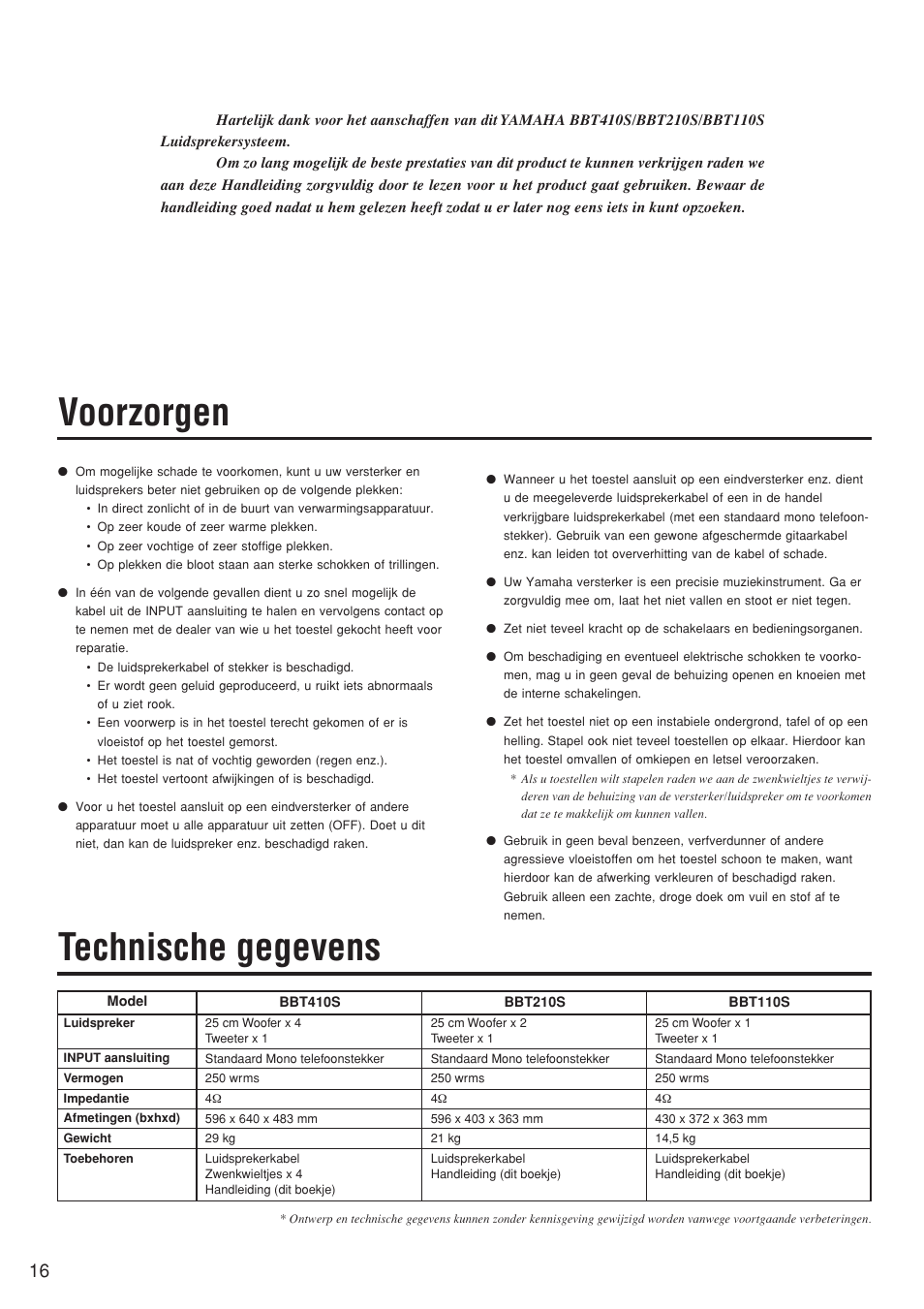 Handleiding, Voorzorgen, Technische gegevens | Yamaha BBT210S User Manual | Page 16 / 18