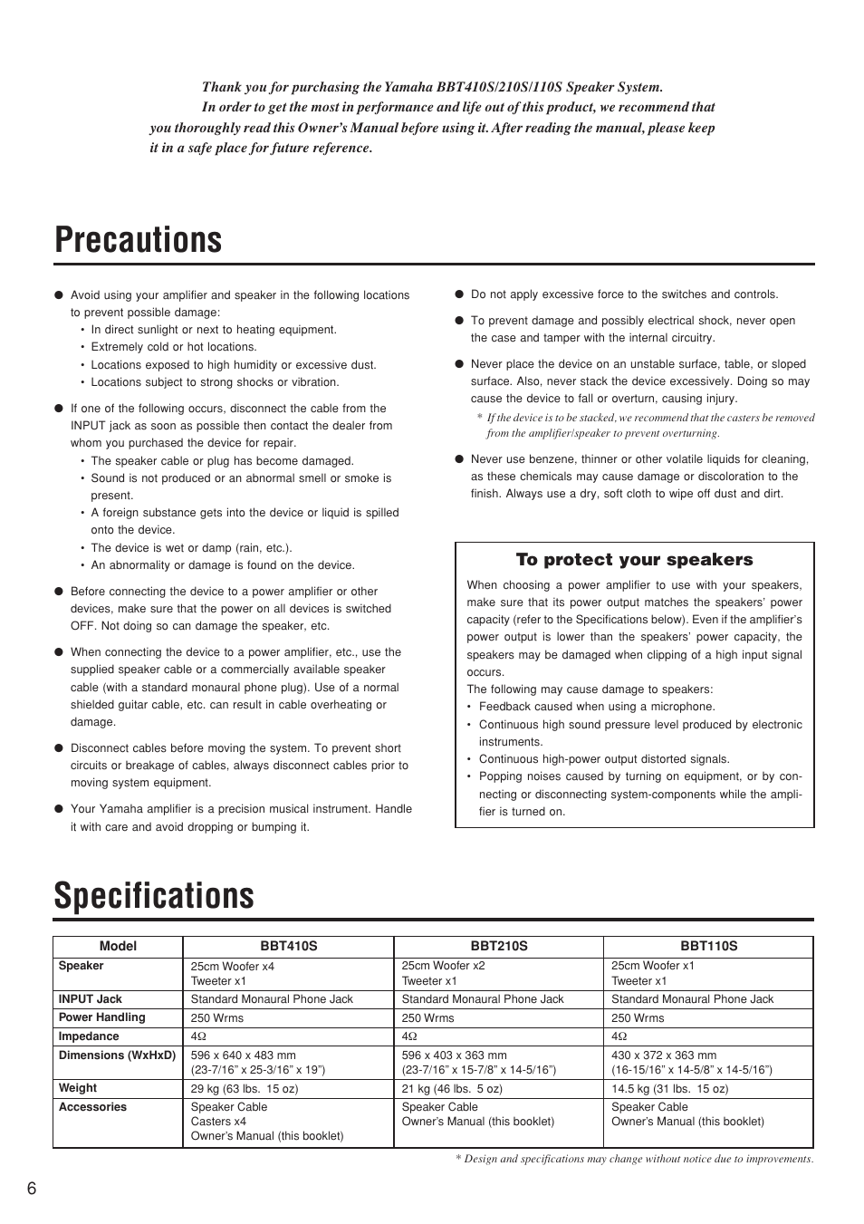 Owner's manual, Precautions, Specifications | Owner’s manual | Yamaha BBT210S User Manual | Page 6 / 18