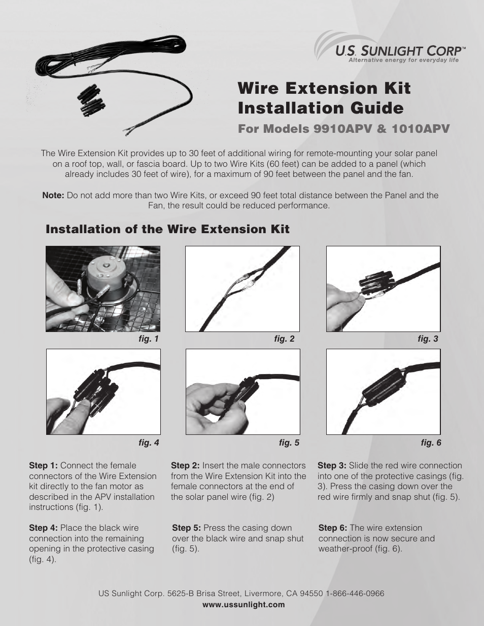 U.S. Sunlight 1010APV Wire Extension Kit User Manual | 1 page