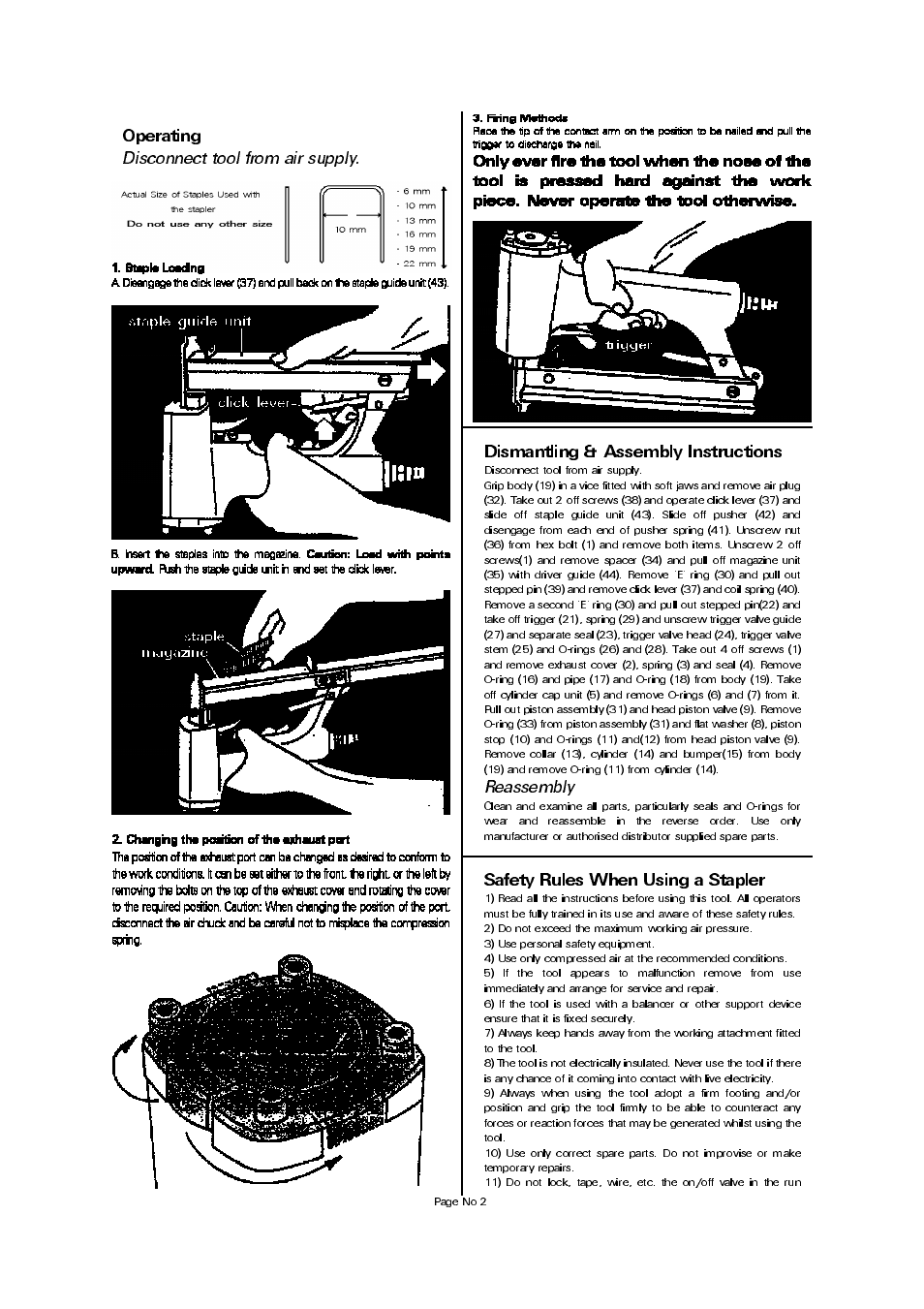 Safety rules when using a stapler, Dismantling & assembly instructions, Operating | Reassembly, Disconnect tool from air supply | Universal Air Tools UT021A (HP021) User Manual | Page 2 / 4