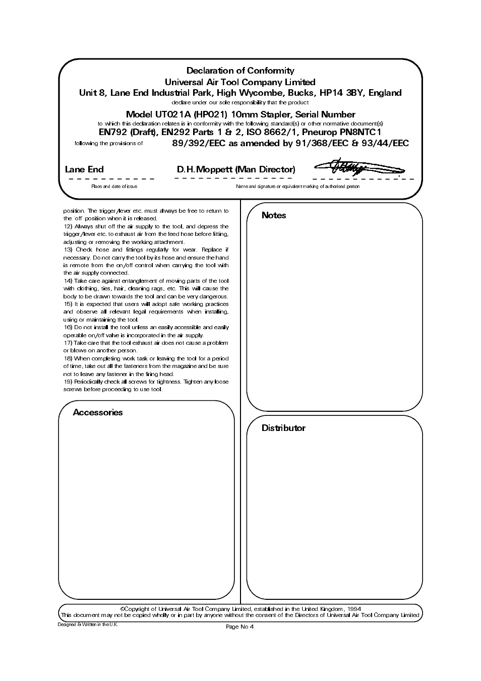 Distributor, Accessories, Lane end d.h.moppett (man director) | Universal Air Tools UT021A (HP021) User Manual | Page 4 / 4