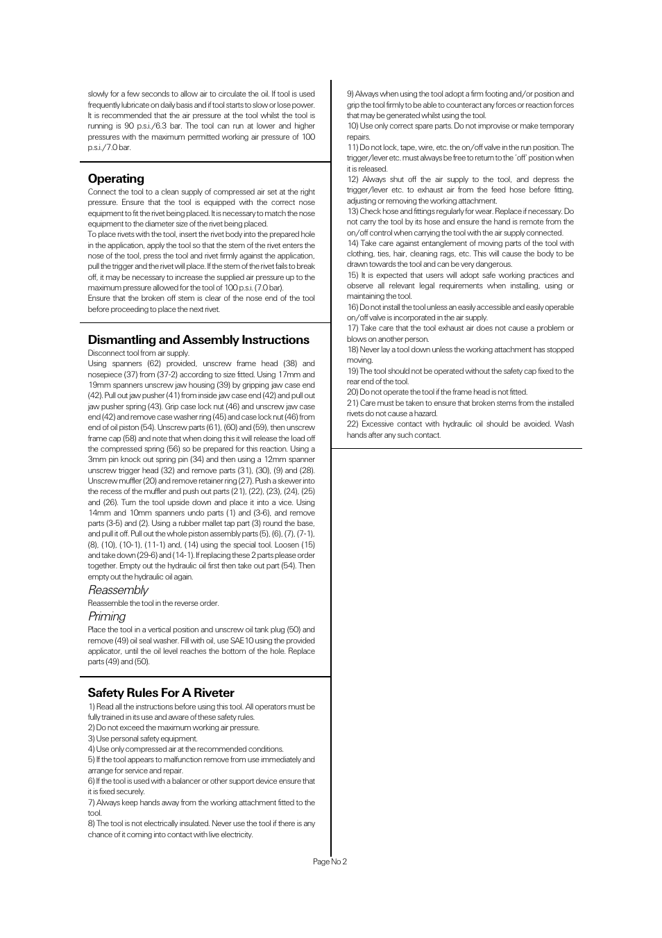 Dismantling and assembly instructions, Reassembly, Priming | Safety rules for a riveter, Operating | Universal Air Tools UT190R (3/16) User Manual | Page 2 / 4