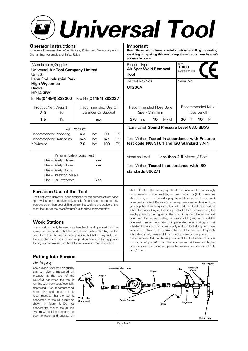 Universal Air Tools UT200A User Manual | 4 pages