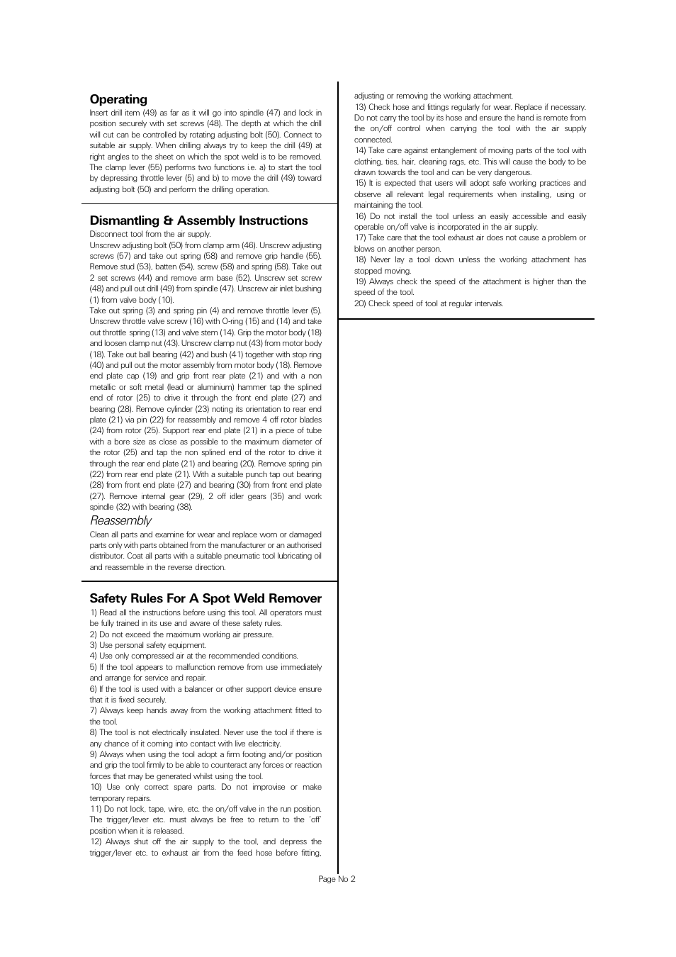 Safety rules for a spot weld remover, Operating, Dismantling & assembly instructions | Reassembly | Universal Air Tools UT200A User Manual | Page 2 / 4