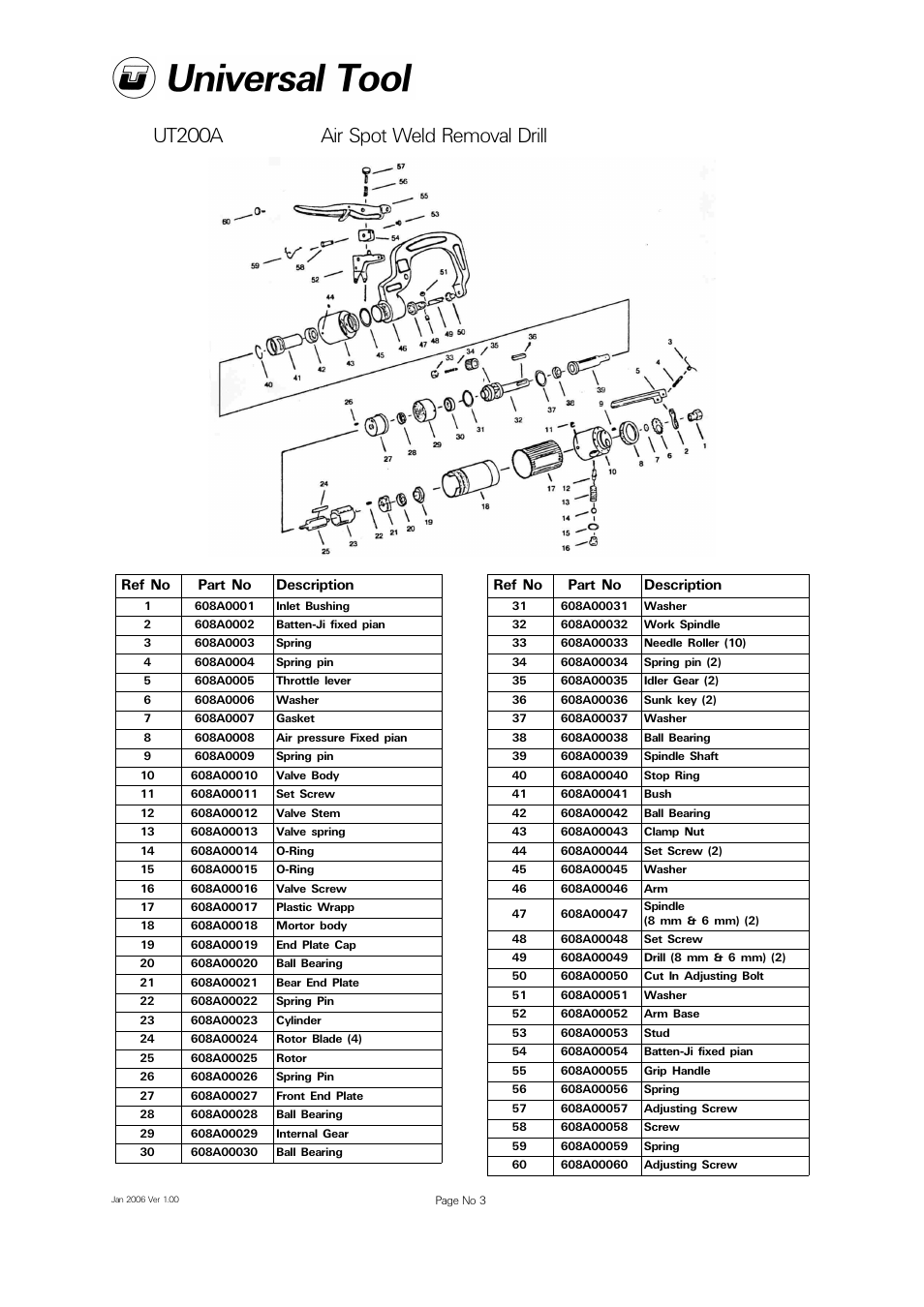 Ut200a air spot weld removal drill, Ref no part no description | Universal Air Tools UT200A User Manual | Page 3 / 4