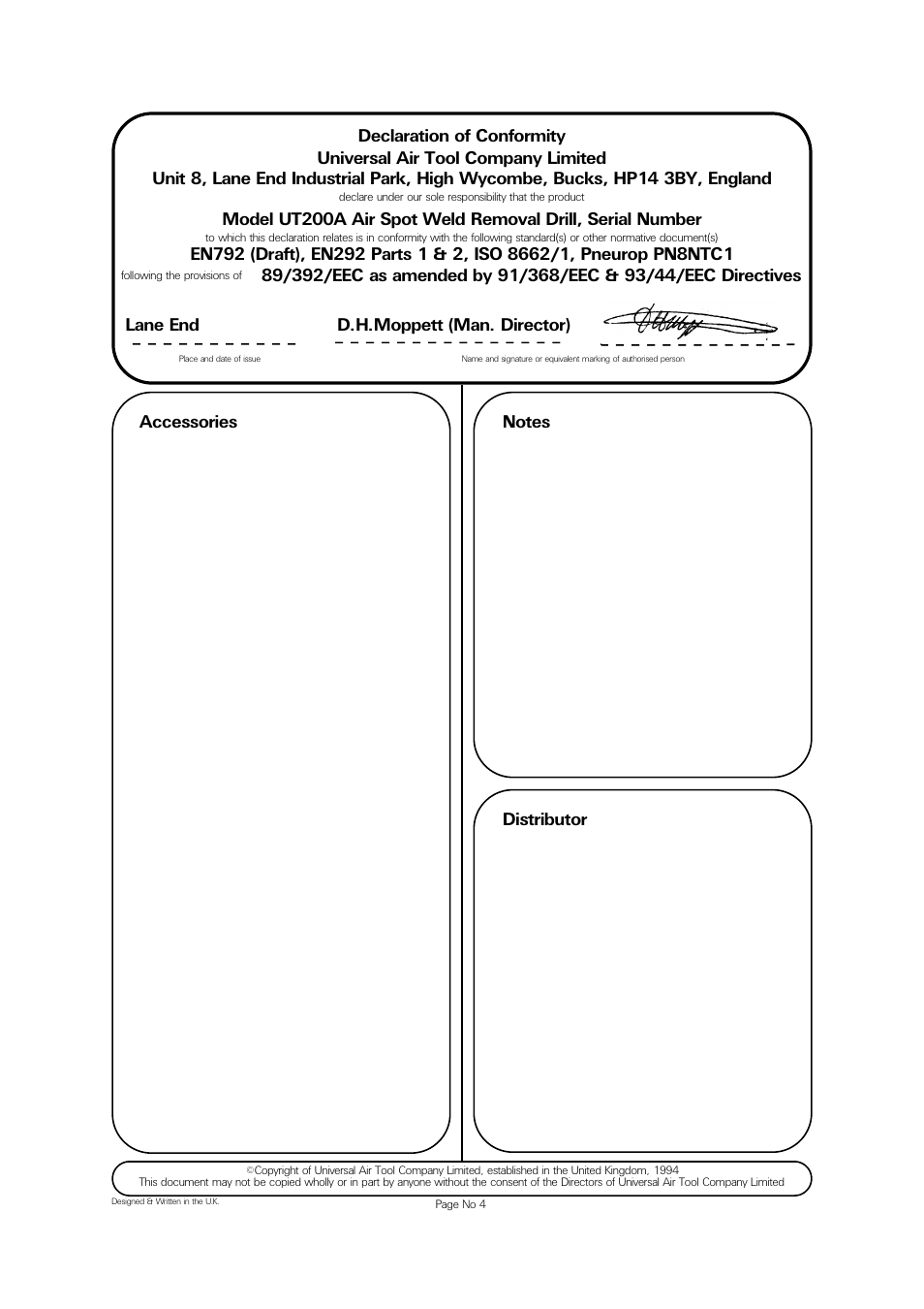 Lane end d.h.moppett (man. director), Distributor | Universal Air Tools UT200A User Manual | Page 4 / 4