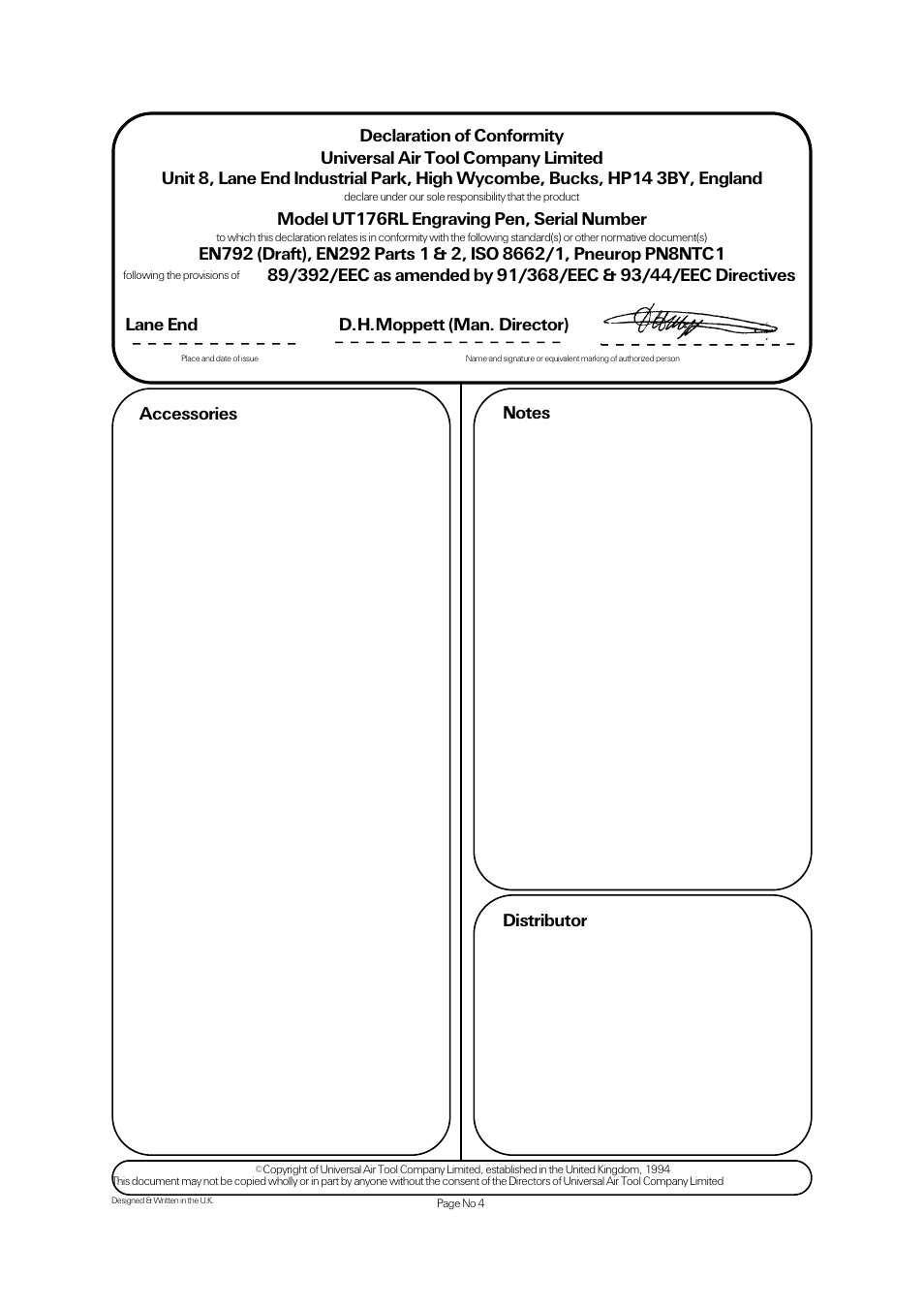 Accessories, Model ut176rl engraving pen, serial number, Lane end d.h.moppett (man. director) | Universal Air Tools UT176RL User Manual | Page 4 / 4