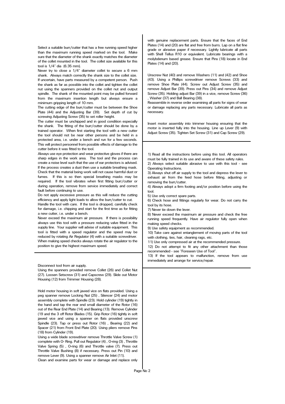 Operating, Dismantling & assembly instructions, Motor assembly | Safety rules for a laminate trimmer, Dismantling trimmer housing, Assembly complete tool | Universal Air Tools UT1054 User Manual | Page 2 / 4