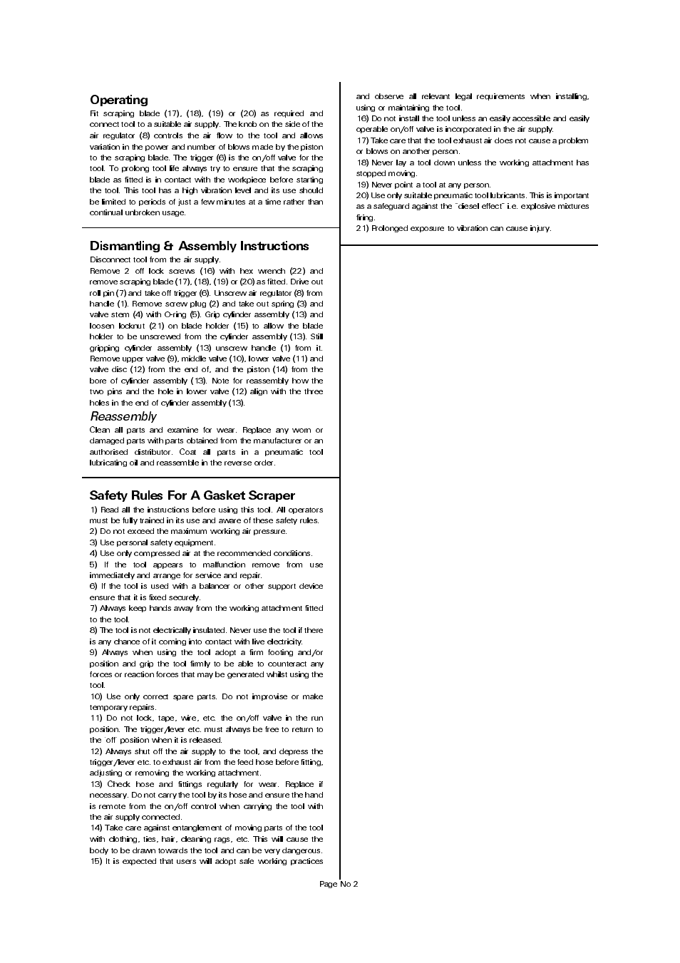 Dismantling & assembly instructions, Safety rules for a gasket scraper, Operating | Reassembly | Universal Air Tools UT079 (HP079) User Manual | Page 2 / 4