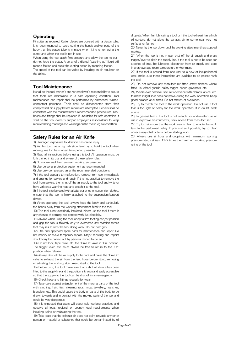 Operating, Safety rules for an air knife, Tool maintenance | Universal Air Tools UT616BN User Manual | Page 2 / 4
