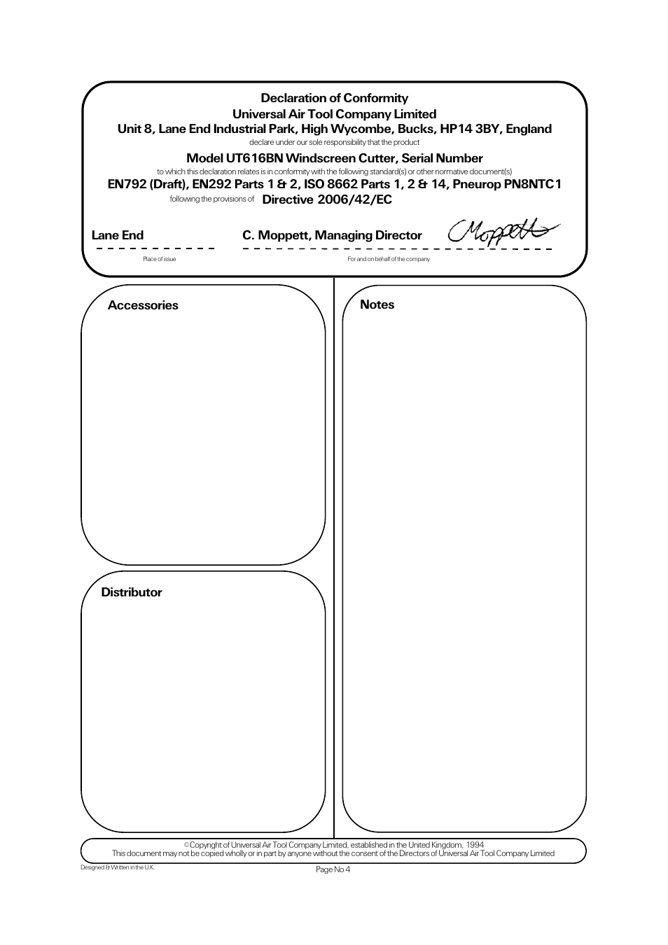 Accessories, Model ut616bn windscreen cutter, serial number | Universal Air Tools UT616BN User Manual | Page 4 / 4