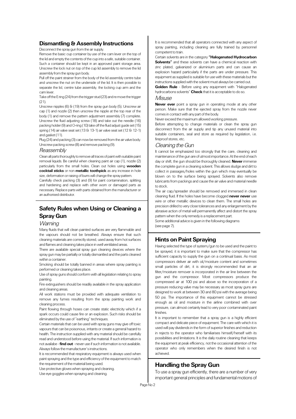 Handling the spray gun, Misuse, Cleaning the gun | Dismantling & assembly instructions, Reassembly, Hints on paint spraying | Universal Air Tools UT57A User Manual | Page 2 / 8