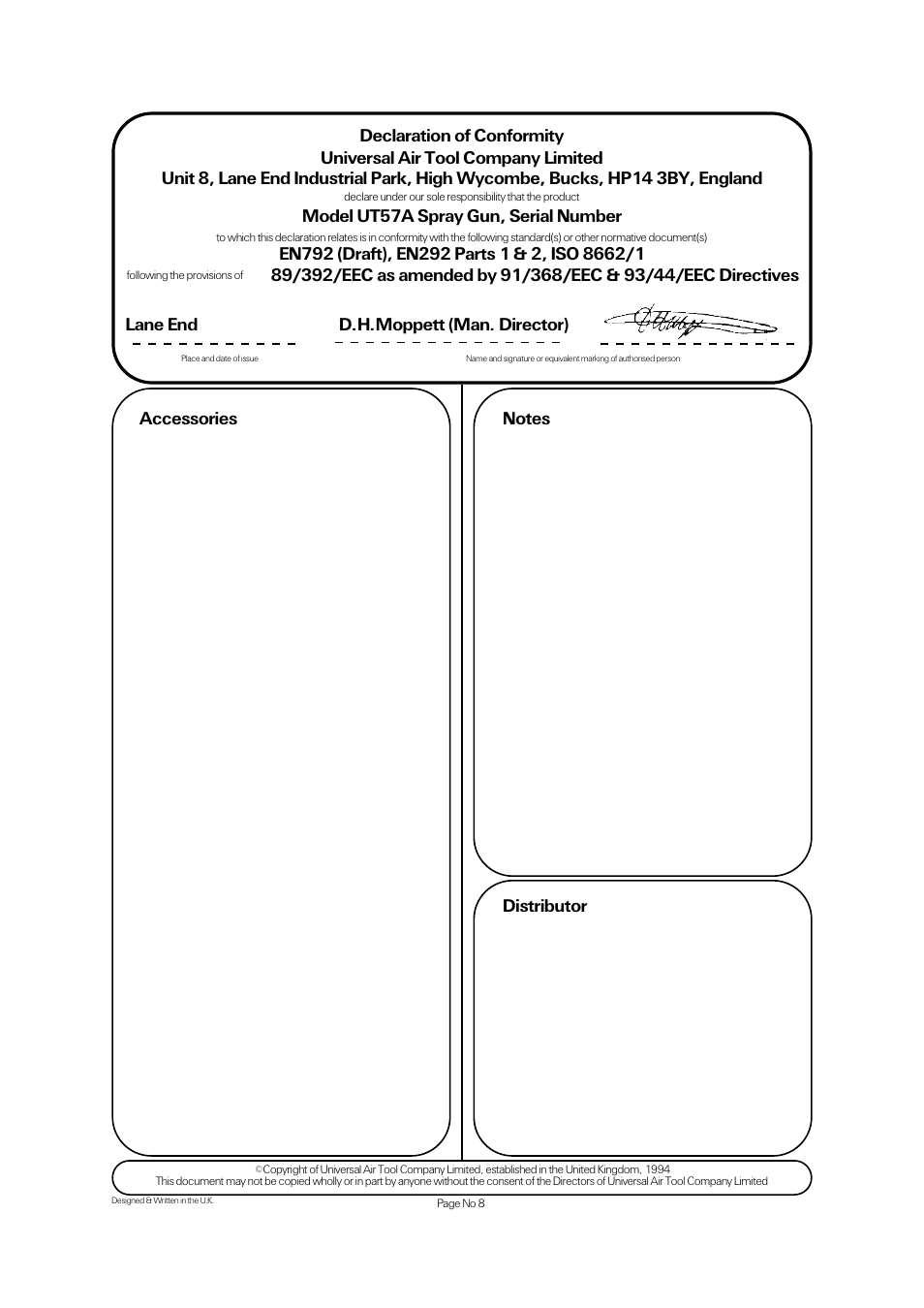 Model ut57a spray gun, serial number, Lane end d.h.moppett (man. director) | Universal Air Tools UT57A User Manual | Page 8 / 8