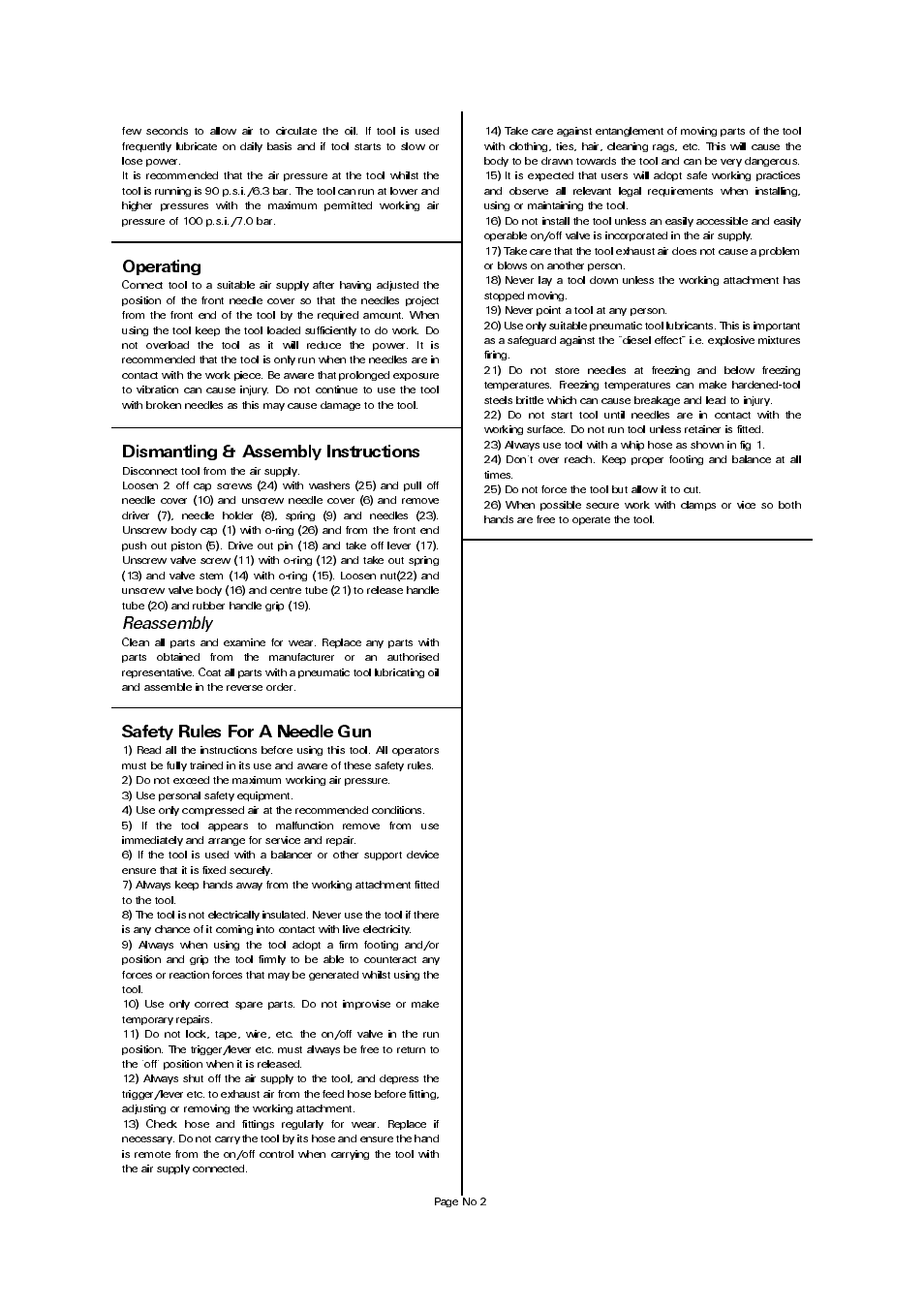 Dismantling & assembly instructions, Safety rules for a needle gun, Operating | Reassembly | Universal Air Tools UT53NG User Manual | Page 2 / 4