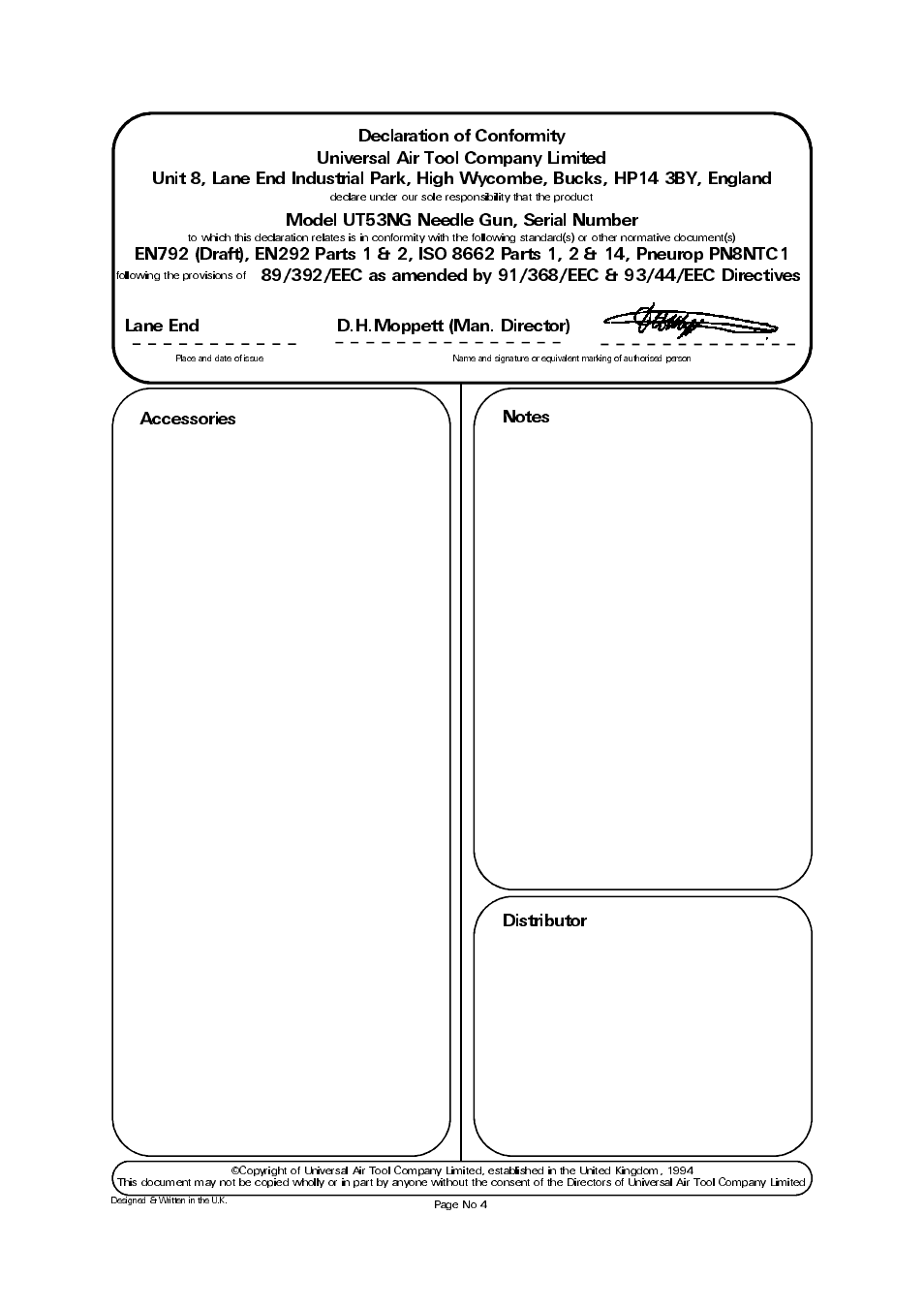 Accessories, Model ut53ng needle gun, serial number, Lane end d.h.moppett (man. director) | Universal Air Tools UT53NG User Manual | Page 4 / 4