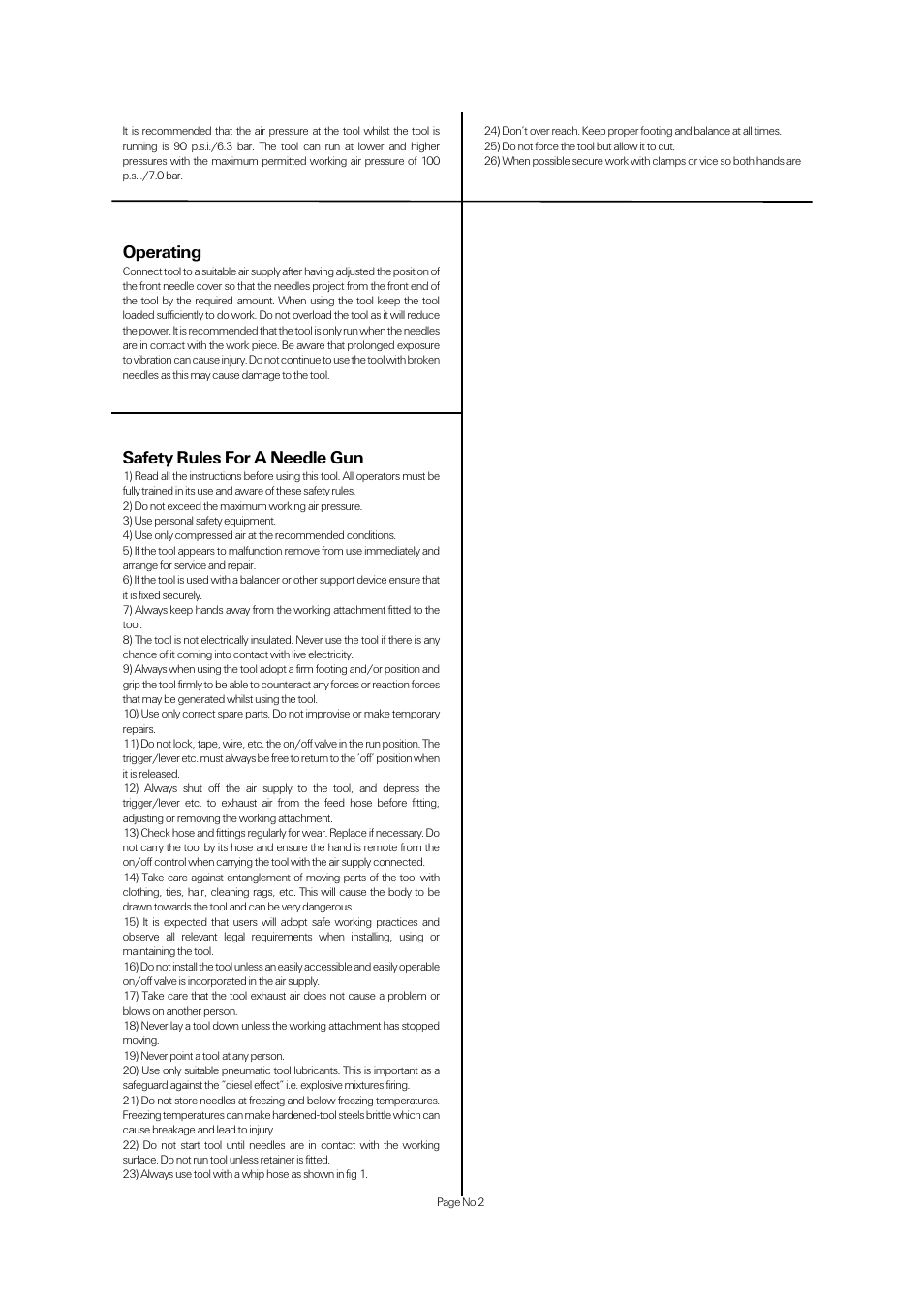 Safety rules for a needle gun, Operating | Universal Air Tools HP002PGT User Manual | Page 2 / 4