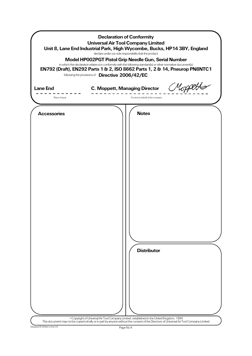 Accessories, Lane end c. moppett, managing director | Universal Air Tools HP002PGT User Manual | Page 4 / 4