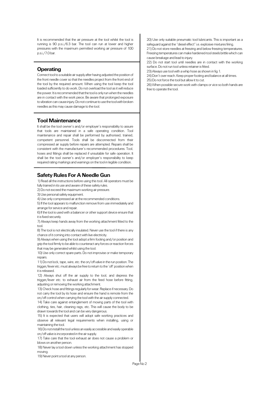Safety rules for a needle gun, Operating, Tool maintenance | Universal Air Tools HP001T User Manual | Page 2 / 4