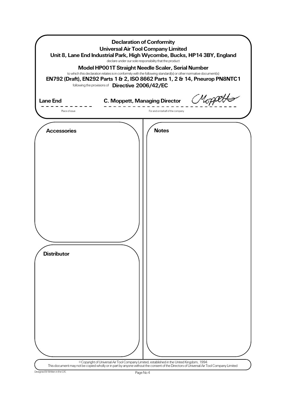 Accessories, Model hp001t straight needle scaler, serial number | Universal Air Tools HP001T User Manual | Page 4 / 4