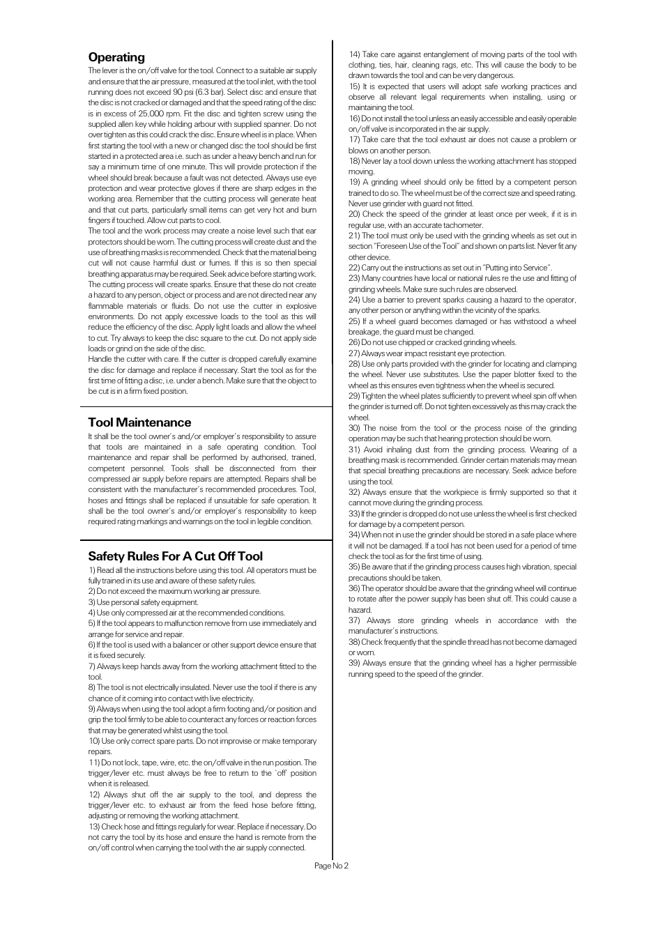 Operating, Tool maintenance, Safety rules for a cut off tool | Universal Air Tools UT5762 User Manual | Page 2 / 4