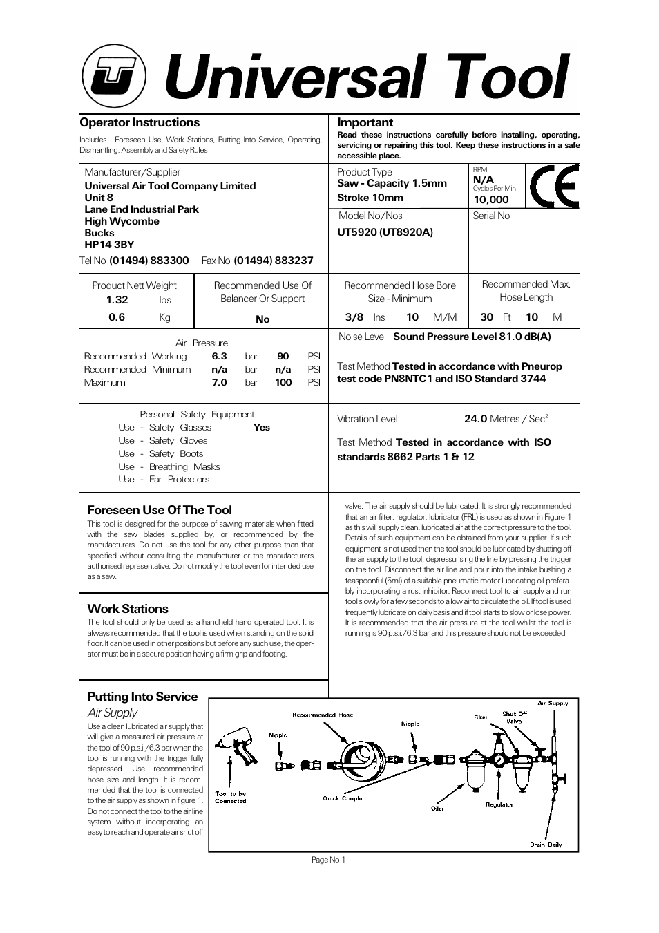 Universal Air Tools UT5920 (UT8920A) User Manual | 4 pages