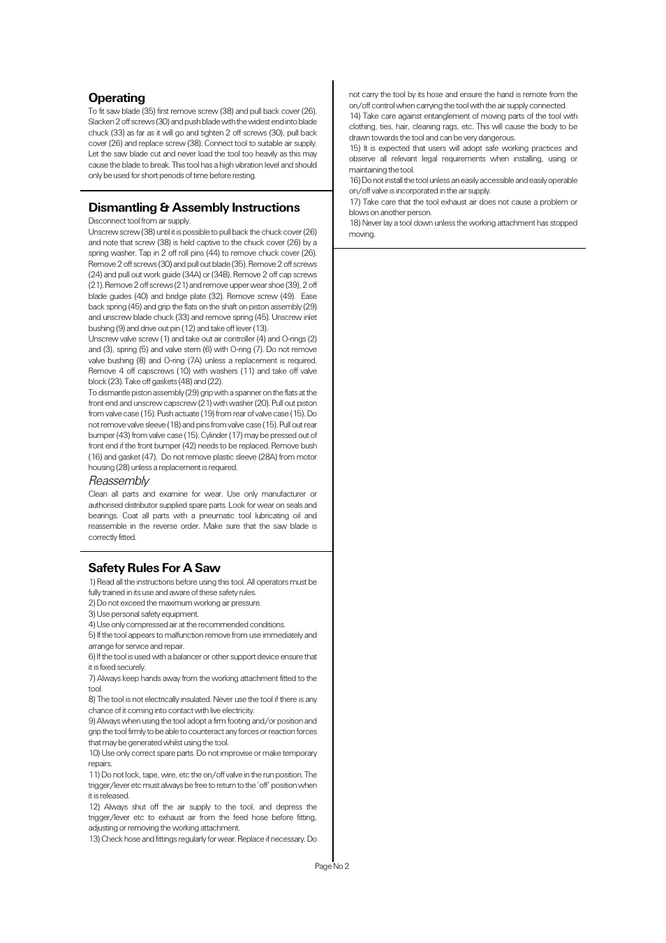 Safety rules for a saw, Operating, Dismantling & assembly instructions | Reassembly | Universal Air Tools UT5920 (UT8920A) User Manual | Page 2 / 4