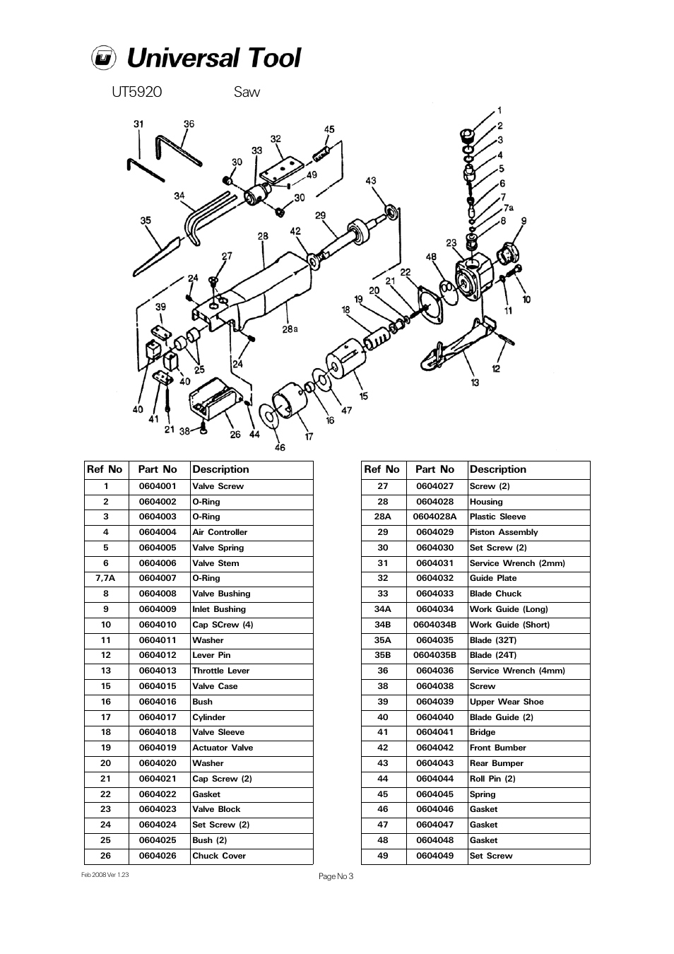 Ut5920 saw, Ref no part no description | Universal Air Tools UT5920 (UT8920A) User Manual | Page 3 / 4