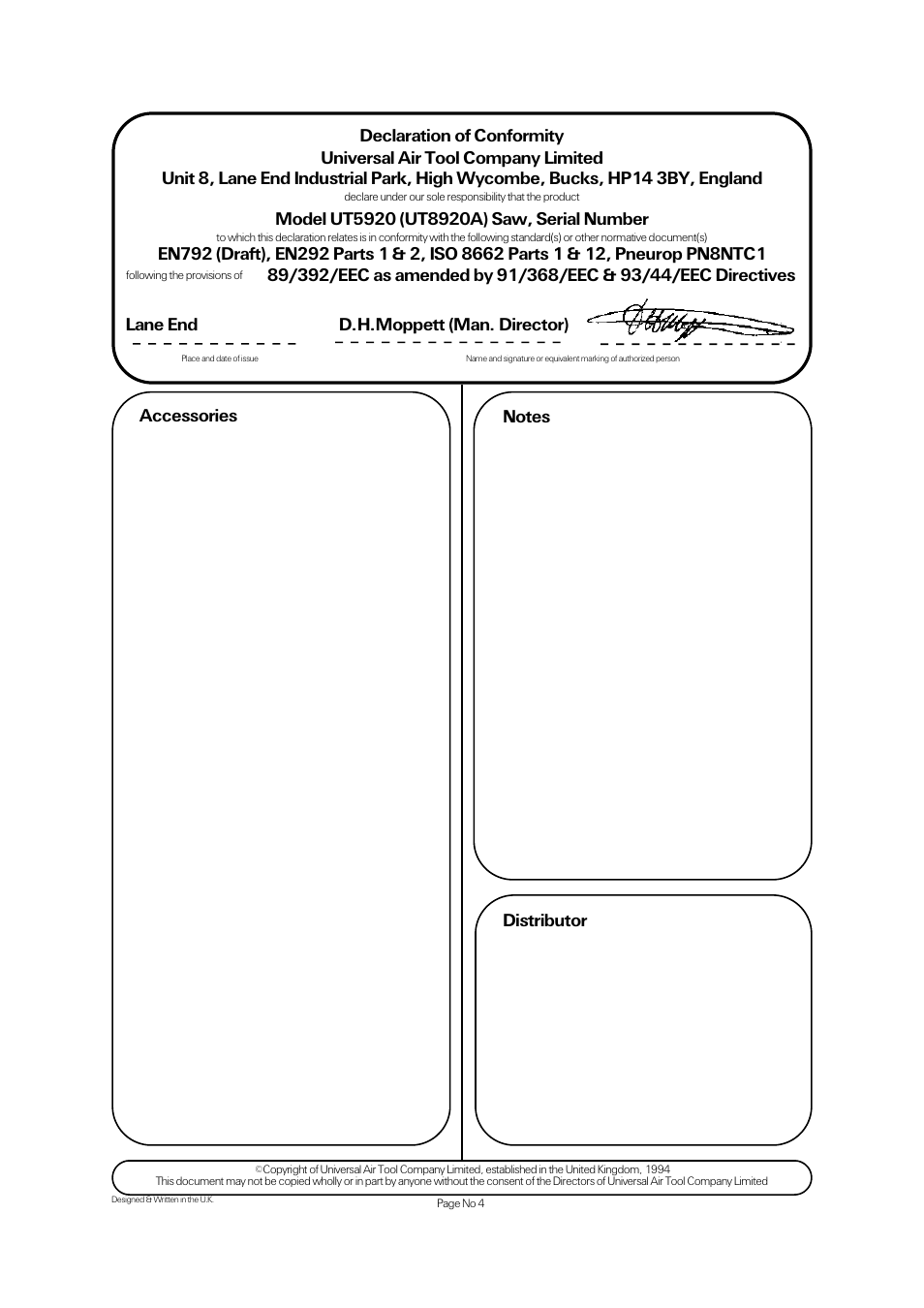 Lane end d.h.moppett (man. director) | Universal Air Tools UT5920 (UT8920A) User Manual | Page 4 / 4