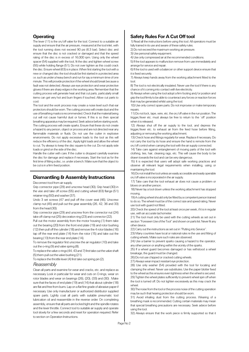 Dismantling & assembly instructions, Reassembly, Operating | Safety rules for a cut off tool | Universal Air Tools UT5761 User Manual | Page 2 / 4