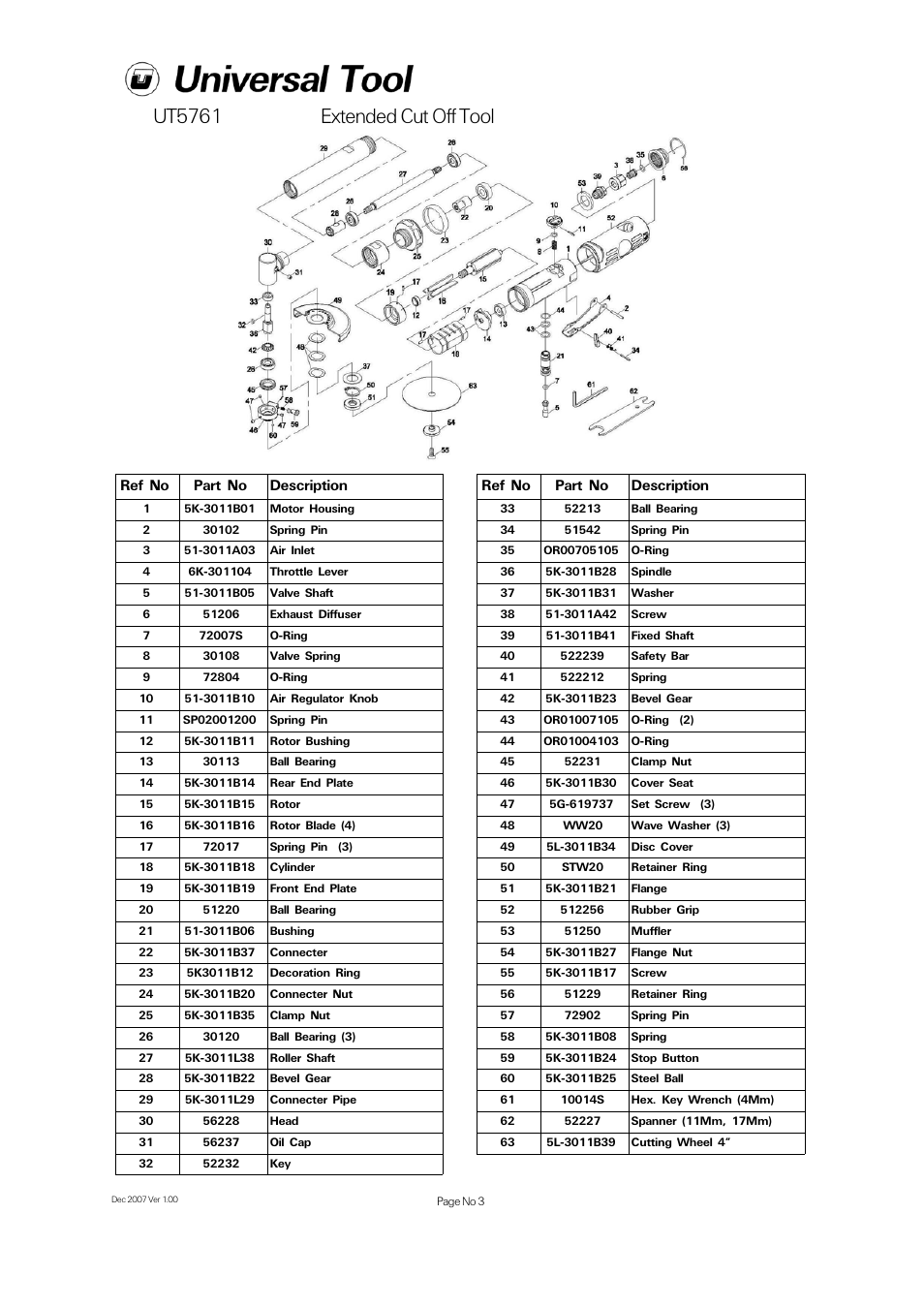Ut5761 extended cut off tool, Ref no part no description | Universal Air Tools UT5761 User Manual | Page 3 / 4
