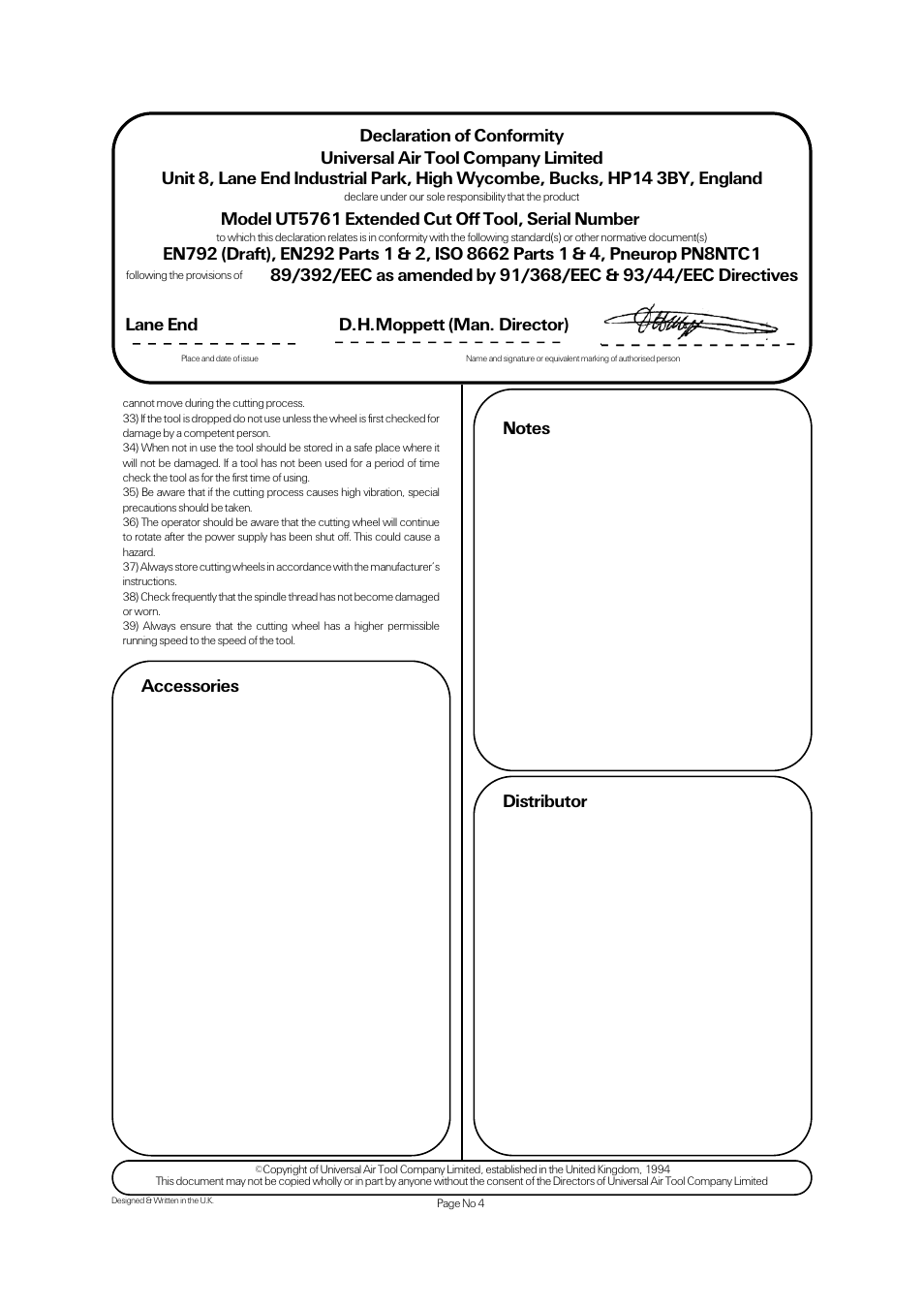Model ut5761 extended cut off tool, serial number, Lane end d.h.moppett (man. director) | Universal Air Tools UT5761 User Manual | Page 4 / 4