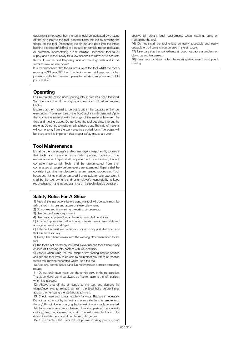 Operating, Tool maintenance, Safety rules for a shear | Universal Air Tools UT8606 User Manual | Page 2 / 4