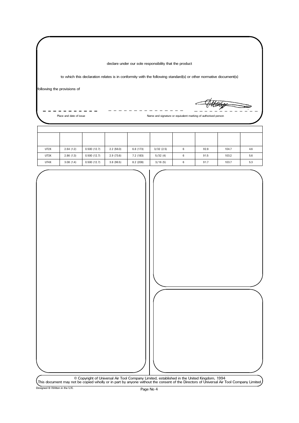 Accessories, Lane end d.h.moppett (man. director), Technical specifications | Universal Air Tools UT4X (4X) User Manual | Page 4 / 4