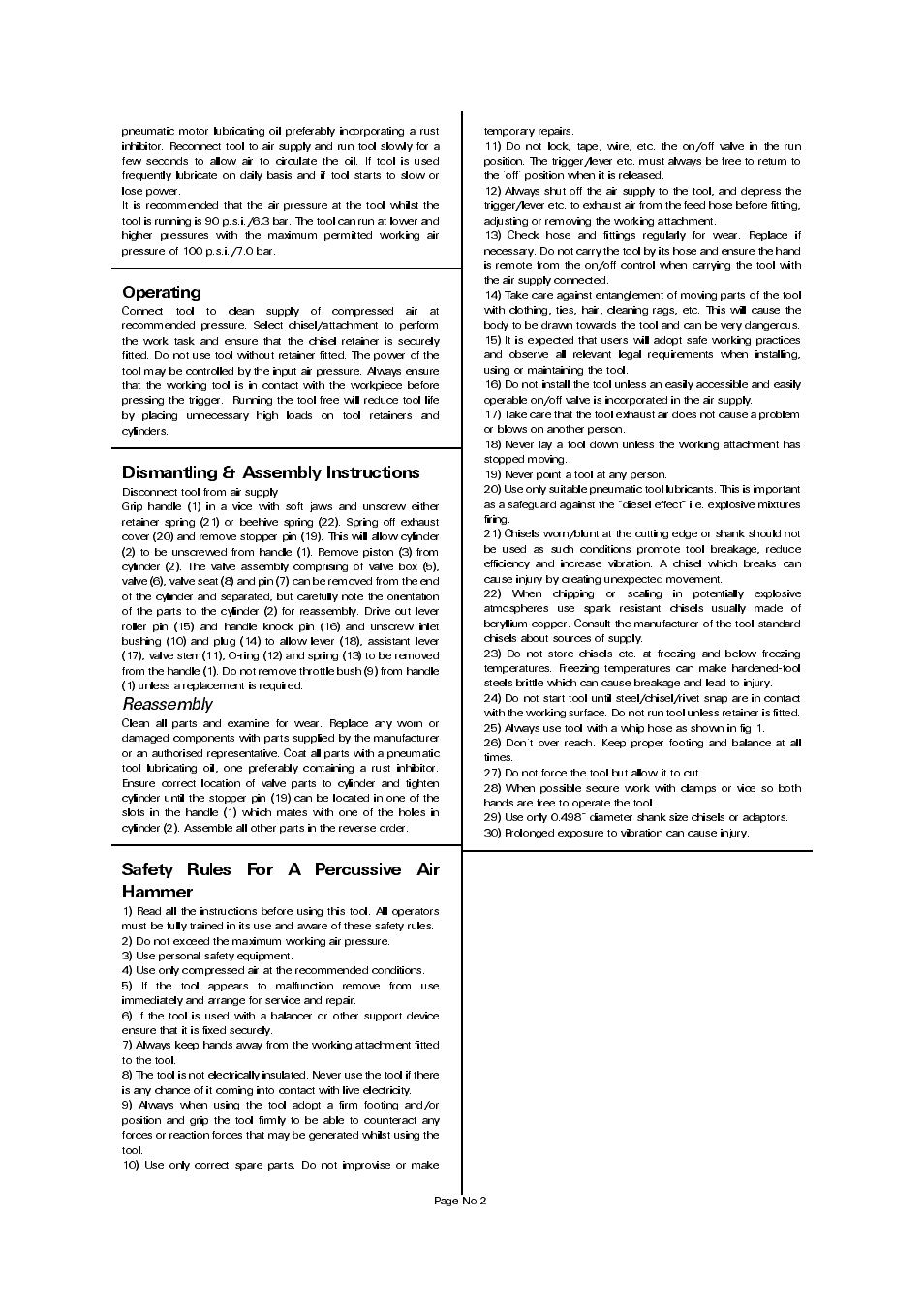 Dismantling & assembly instructions, Operating, Safety rules for a percussive air hammer | Reassembly | Universal Air Tools UT7X (7X) - 5.8 Stroke User Manual | Page 2 / 4