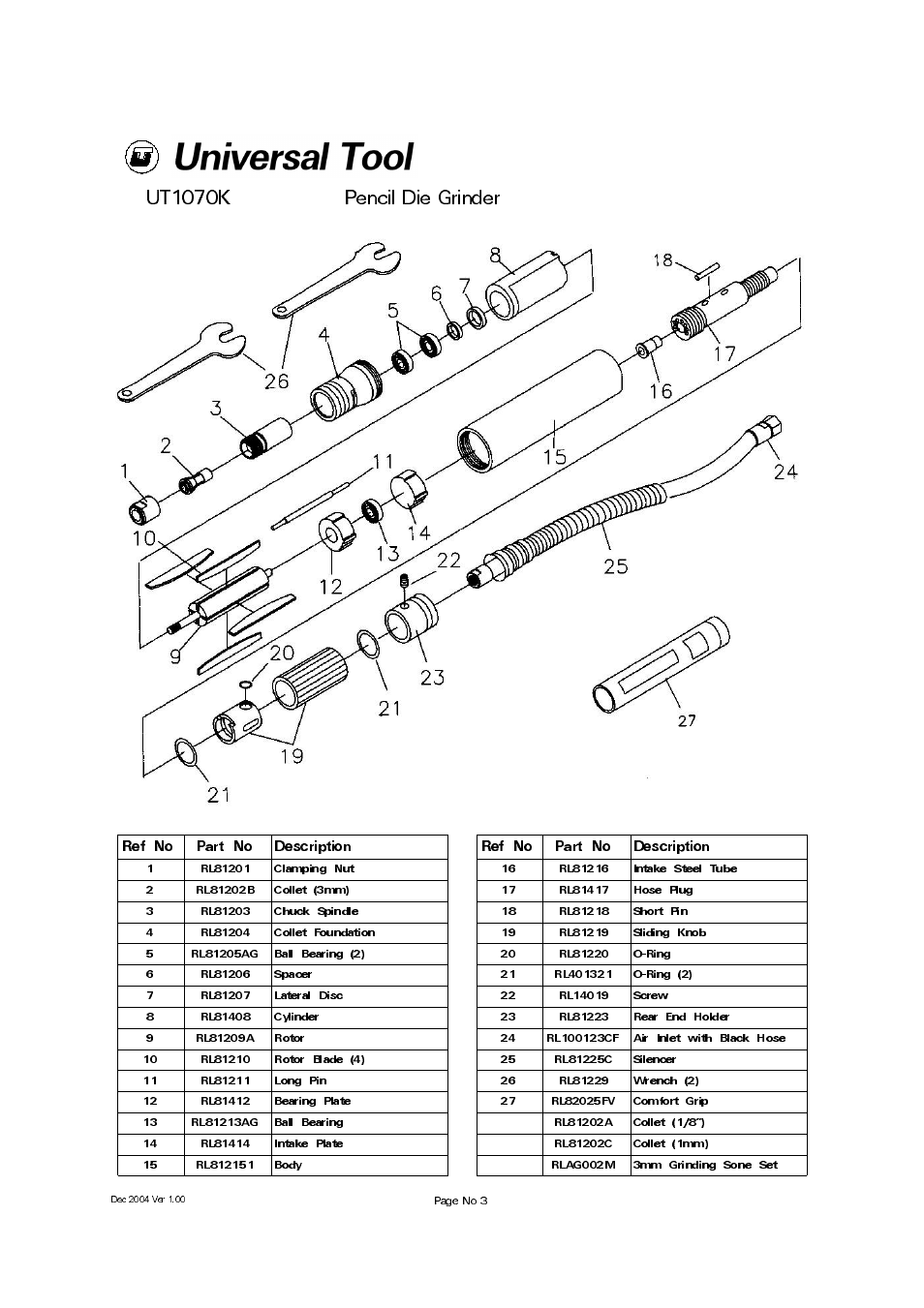 Ut1070k pencil die grinder | Universal Air Tools UT1070K User Manual | Page 3 / 4