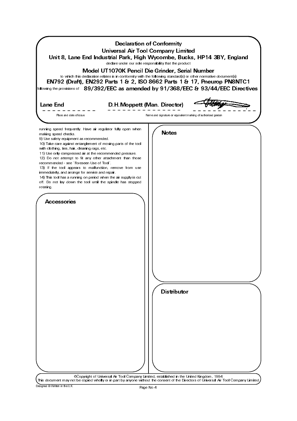 Accessories, Model ut1070k pencil die grinder, serial number, Lane end d.h.moppett (man. director) | Universal Air Tools UT1070K User Manual | Page 4 / 4